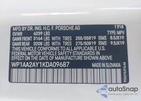 2019 Porsche Cayenne z USA, uszkodzony, nr VIN WP1AA2AY1KDA09687